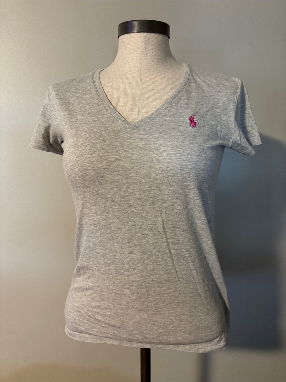 Polo by Ralph Lauren Light Gray V‑Neck Tee with Pink Pony